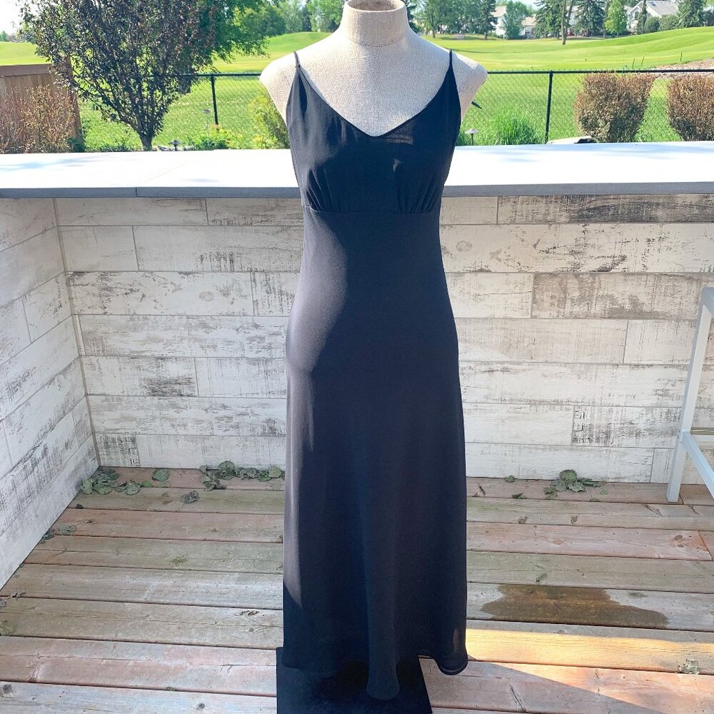 Vintage 90s Y2K Babydoll Empire Waist Maxi Slip Dress Black Chiffon Evening Gown